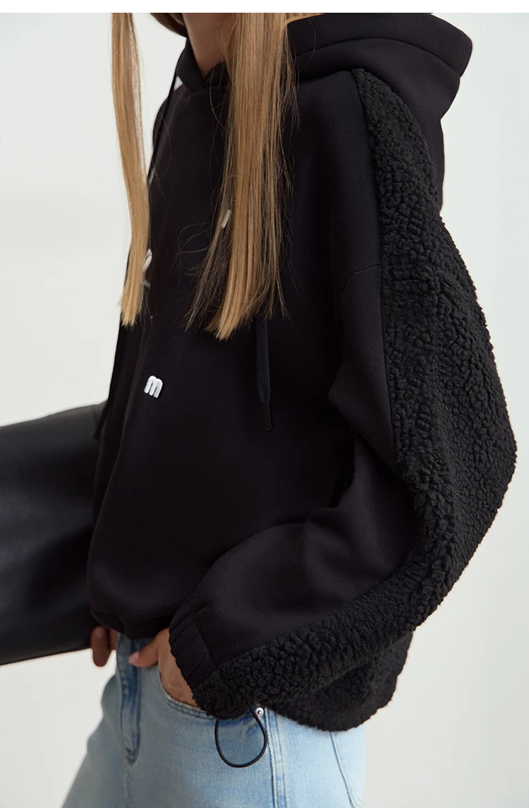 Amii Drawstring Hooded Splicing Imitation Lamb Wool Sweatshirt Embroidered 2024 Winter Women's Loose Thermal Tops 12444131