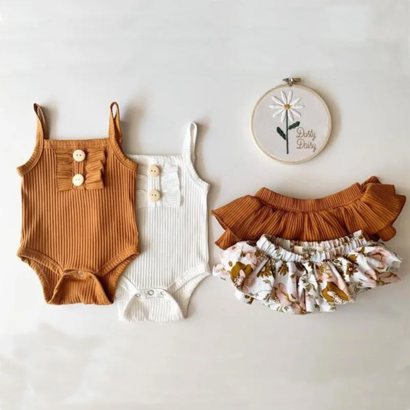

Newborn Bady Girls Clothing One Set Summer Cotton Short Sleeves Skirt Suit Tops+Bottoms Lace Sleeveless Floral Children's Wear
