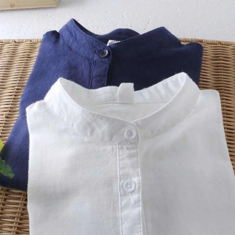 Standing Collar Cotton Linen Short Sleeved Shirt for Men's Summer Linen Upper Garment White Casual Round Neck Clothing