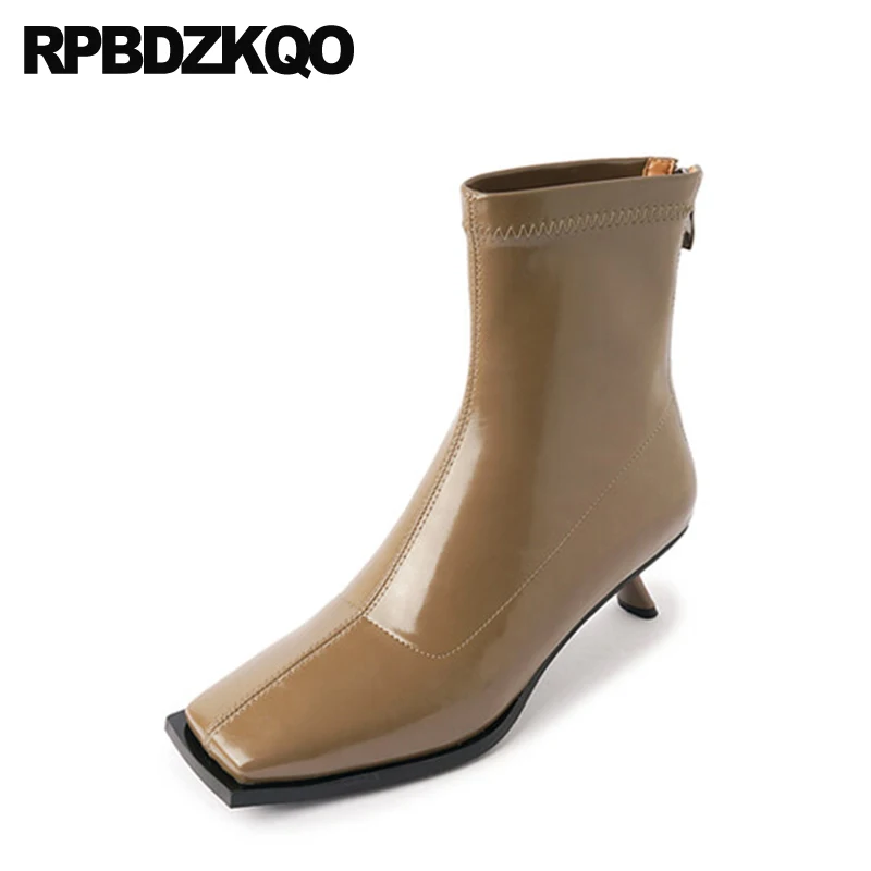 

Vintage Stiletto Short Zip Up Autumn Luxury Brand Shoes Women Ankle Boots Medium Heel Fall 9 Square Toe Celebrity Elastic 2022