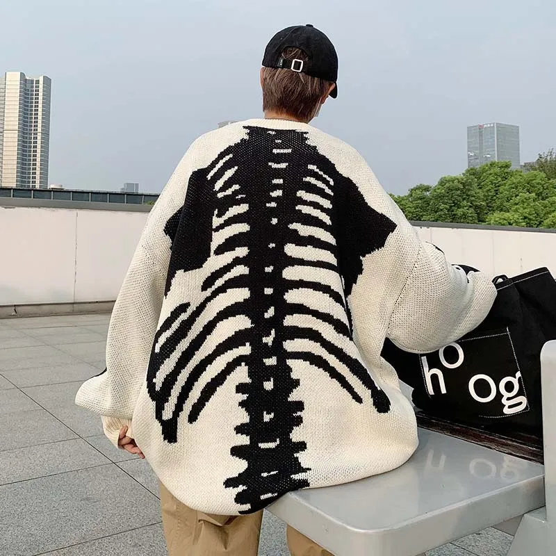 

2023 Autumn Winter Round Necks Vintage Hip Hop Fun Streetwear Sweater Costal Bone Print Y2k Top Pullover Clothes Harajuku Casual