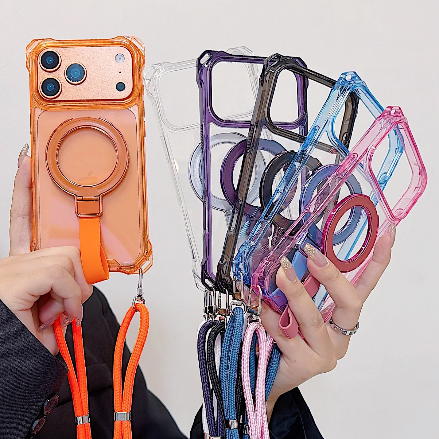 Luxury Armor Magnetic Phone Case with Crossbody Strap & Clear Cover