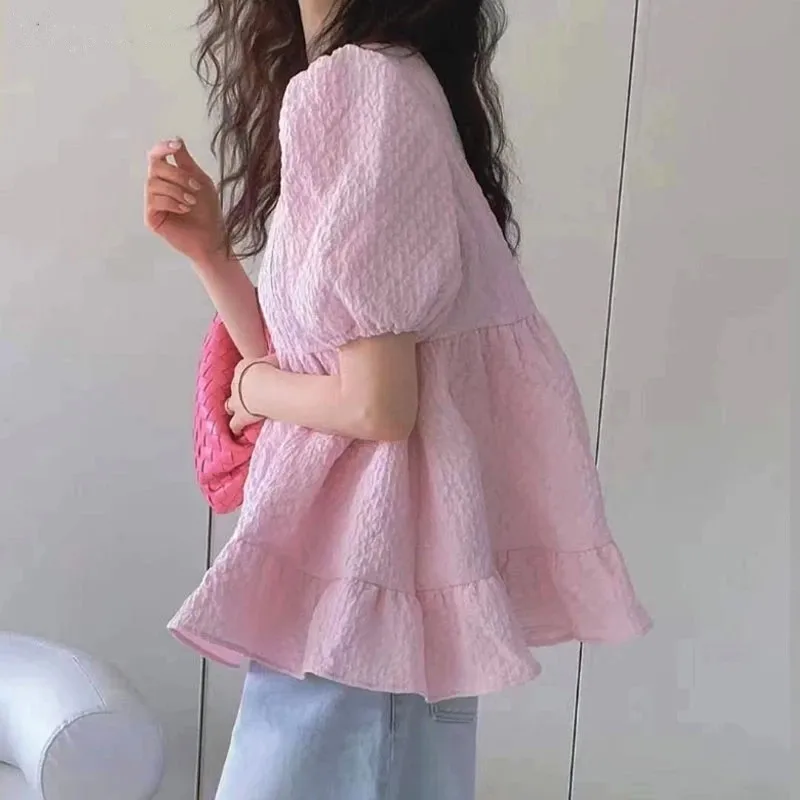 

Casual Ruffled Loose Women's Blouse Summer New O-neck Puff Sleeve Woman Shirt Korean Vintage White Tops Lady Blusas Mujer