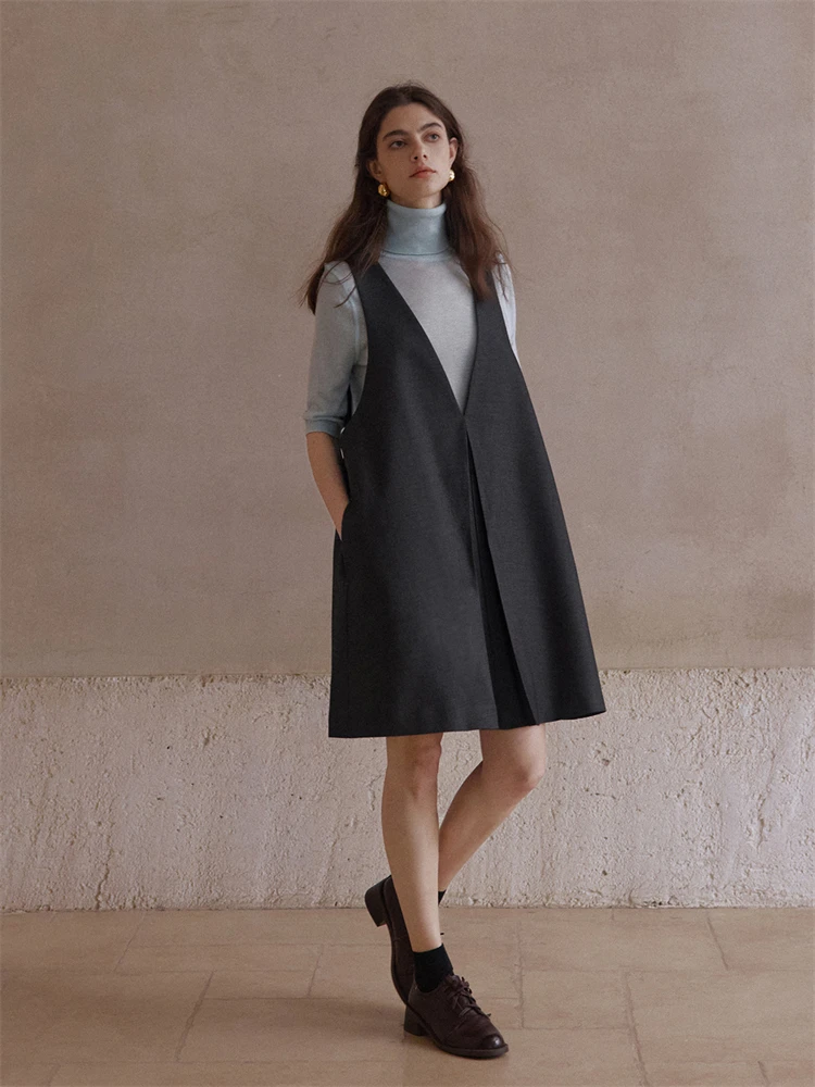 New Trendy 2025 Autunno Donna Scollo a V Abito in lana Lady Comodo Loose Fit A Line Abiti Marchio di abbigliamento MY0007 2