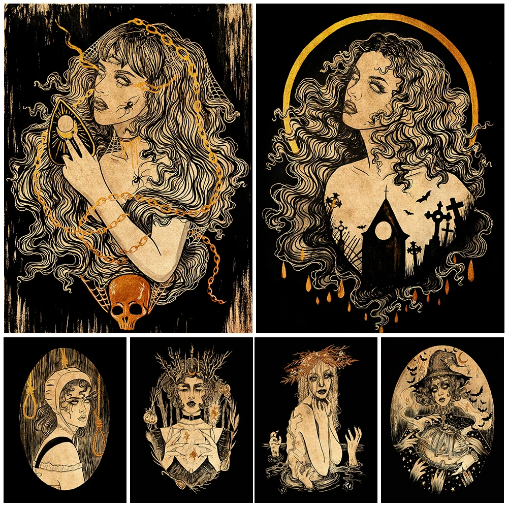 

Witches And Ropes Vintage Wall Art Canvas Painting Three Witches And Moon Witchcraft Poster Print Wicca Home Decoration Unframed
