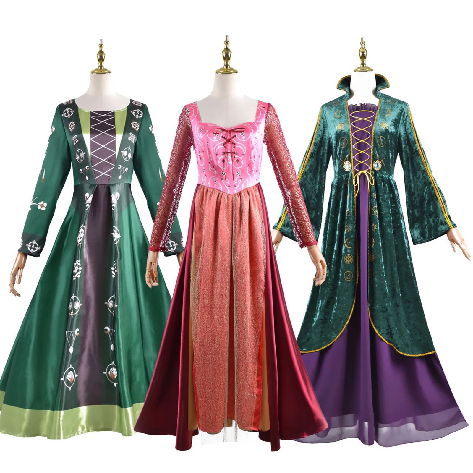 

Halloween Party Clothes Women Hocus Pocus Fred Cosplay Costume Medieval A Line Formal Dress Cloak Green Coral Vintage Outfits