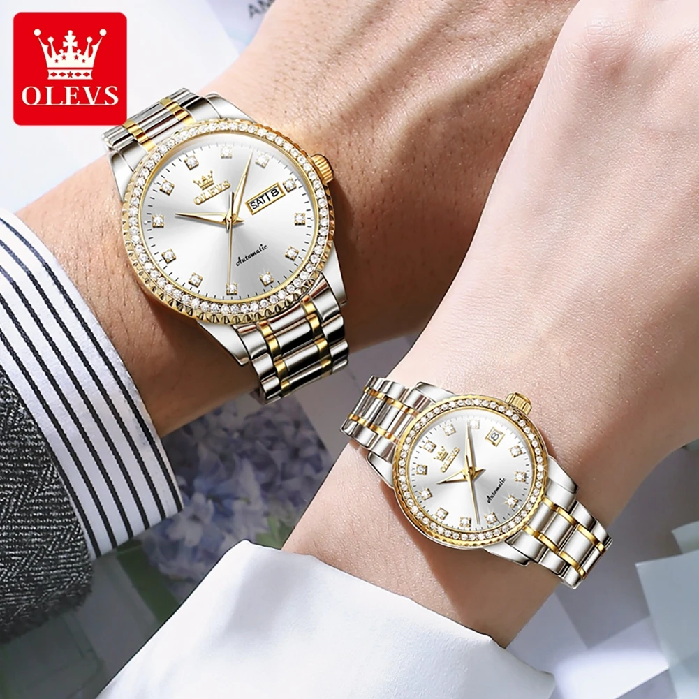 Olevs Uhr Set Paar OLEVS Automatic Watch For Couple Luxury Diamond Gold  Wristwatch