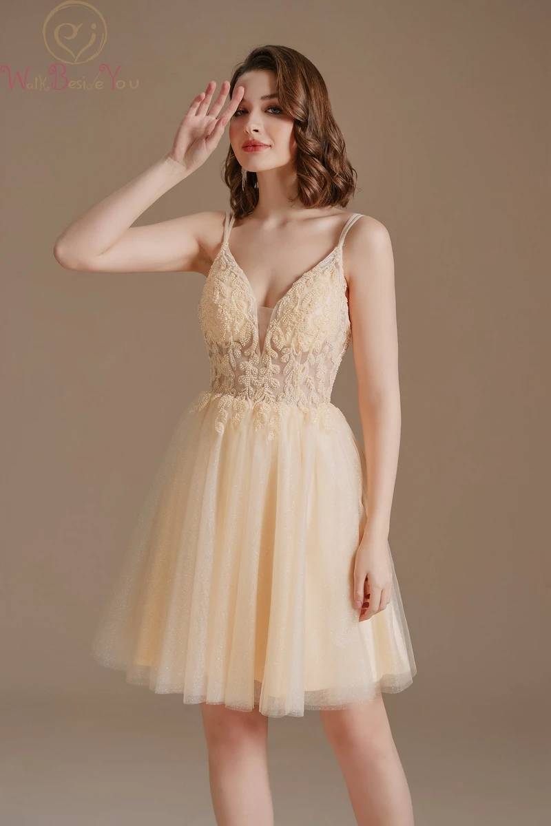 long sleeve prom dresses Champagne Prom Dress 2022 Short Mini Evening Gown Sparkle Tulle Deep V Neck Lace Applique Bead Illusion Graduation Strap A Line short formal dresses