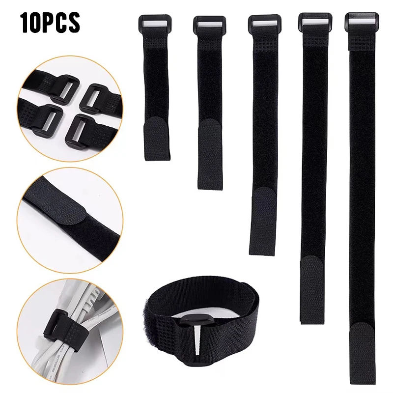 10PCS 15-60cm Nylon Reverse Buckle Hook Loop Fastener Tape  Multipurpose Quality Cable Ties Strap 2/2.5cm Wide Black