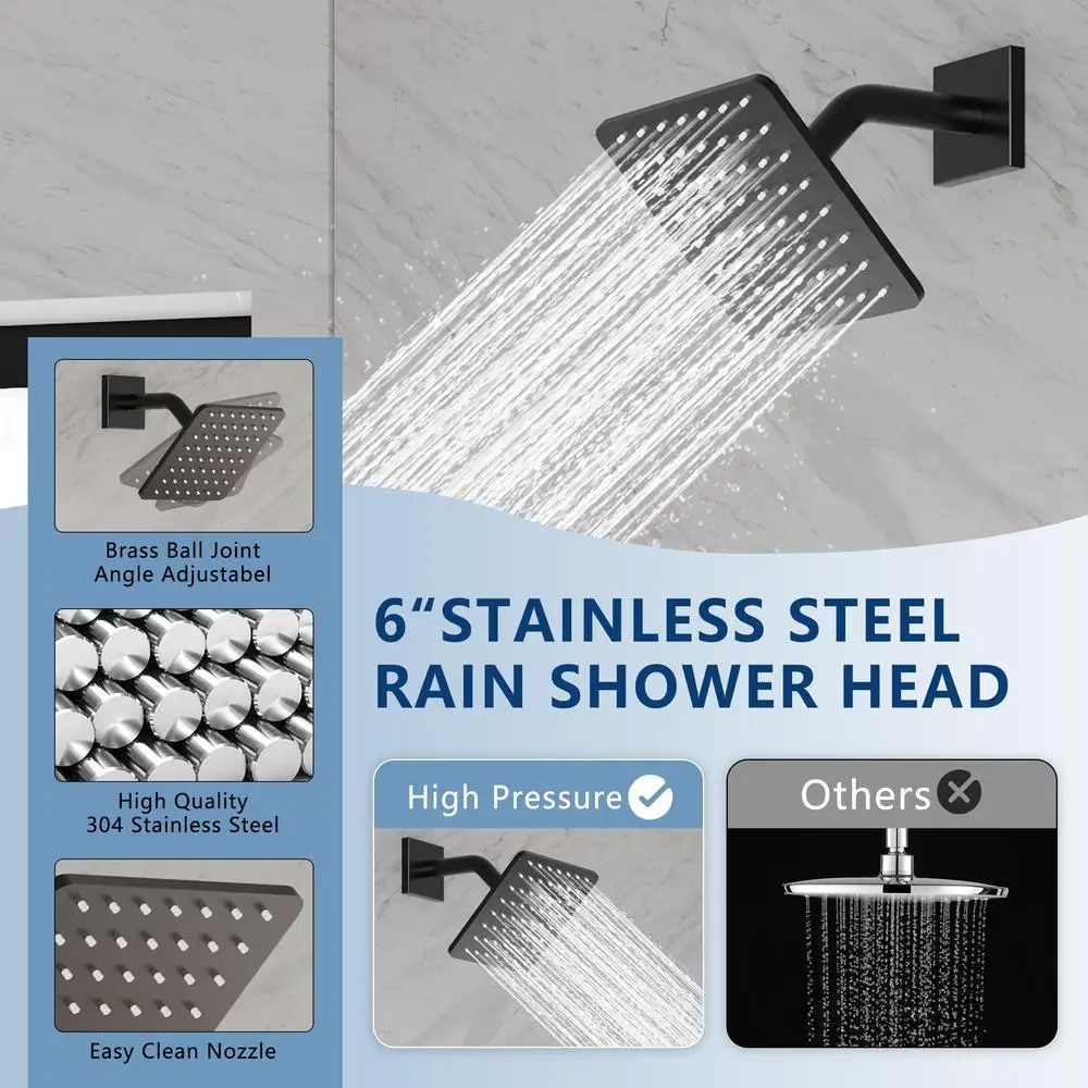 Black Shower Faucet Set with Slide Bar All Metal System Valve 6" Rain Wall Mount Combo Handheld Stainless 16" Arm Hose Bracket 4