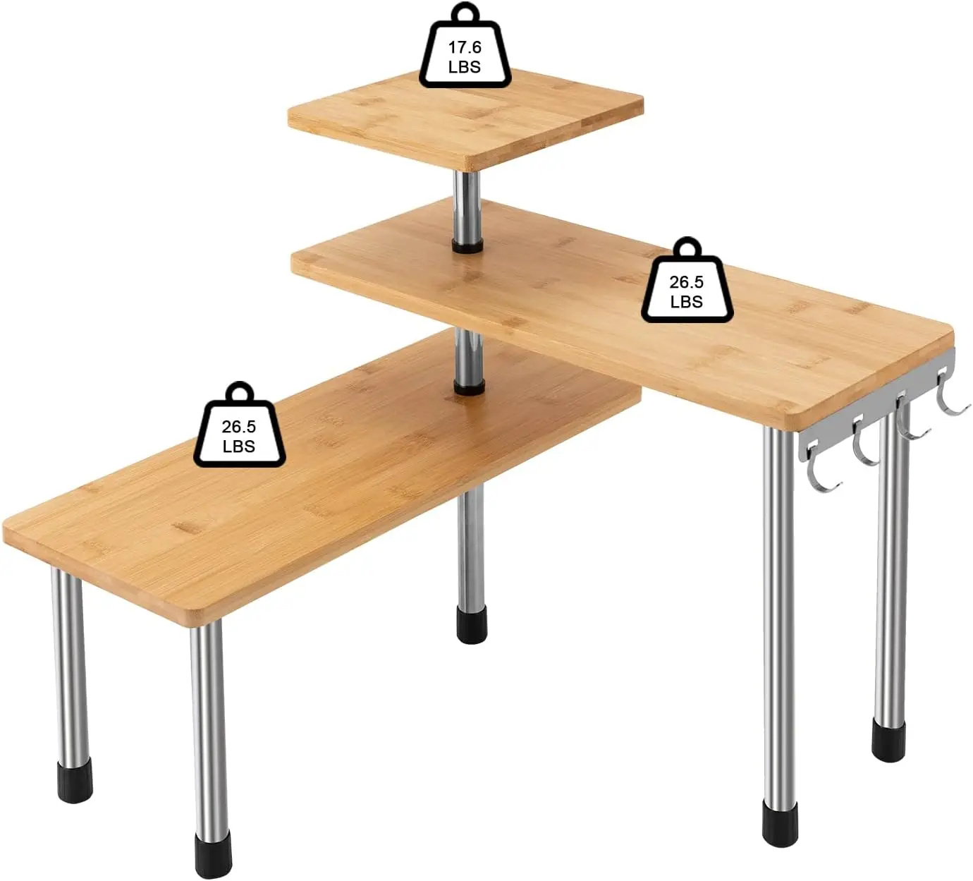 3 Tier Kitchen Corner Shelf, Bamboo Desktop Shelving Organiser, Adjusted 360 Degrees, 4 Side Hooks, for Kitchen,Counter,Bathroom