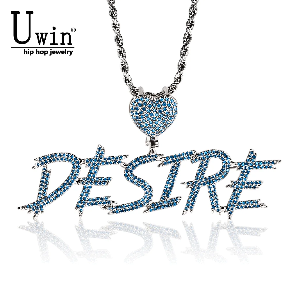 Uwin Custom Letters Necklace Cursive Name Pendant Blue Heart Clasp Iced Out Cubic Zirconia Fashion Jewelry For Christmas Gift bad boys blue heart