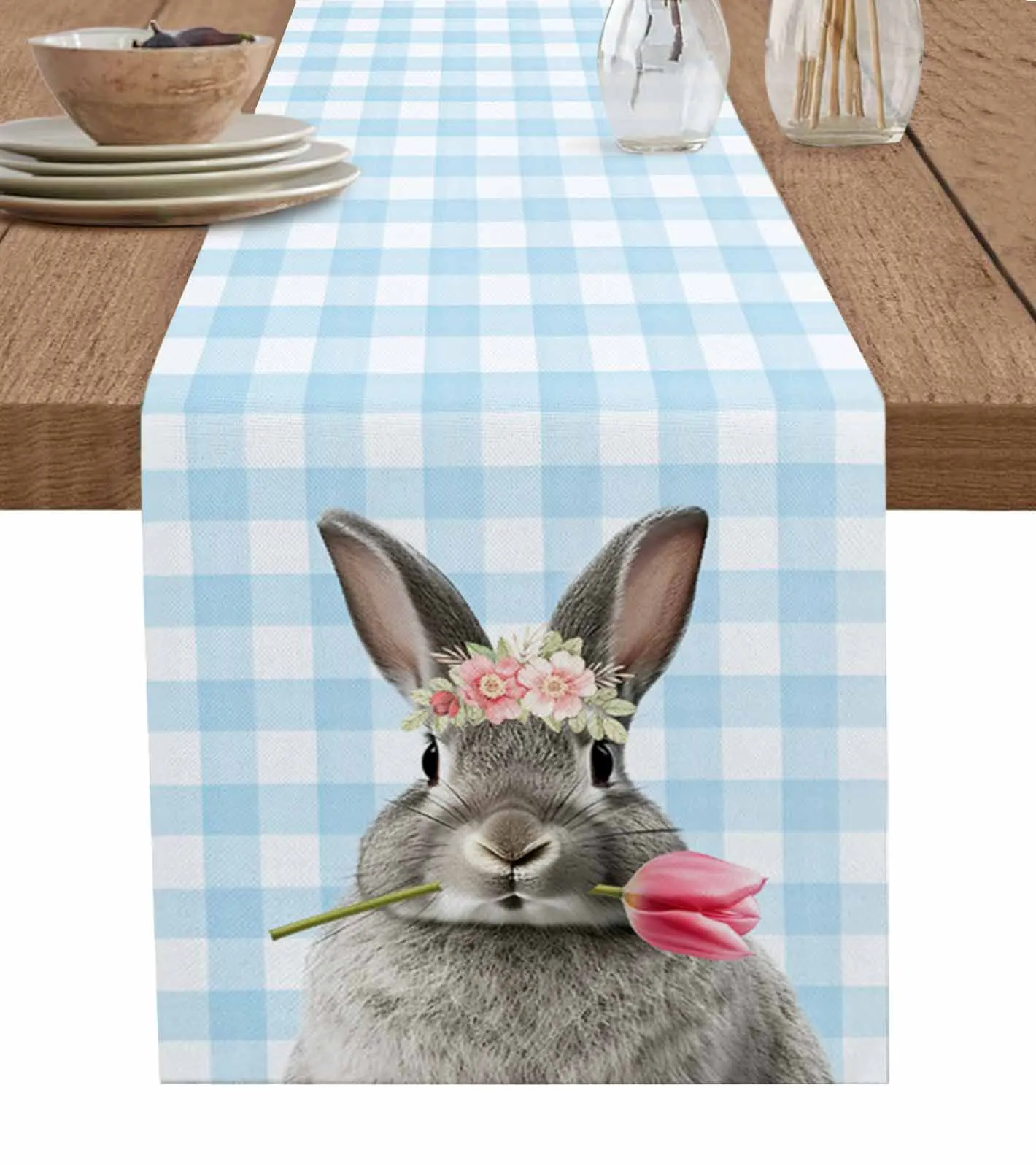 

Easter Bunny Plaid Tulips Table Runner Cotton Linen Wedding Decor Tablecloth Holiday Kitchen Decor Table Runner