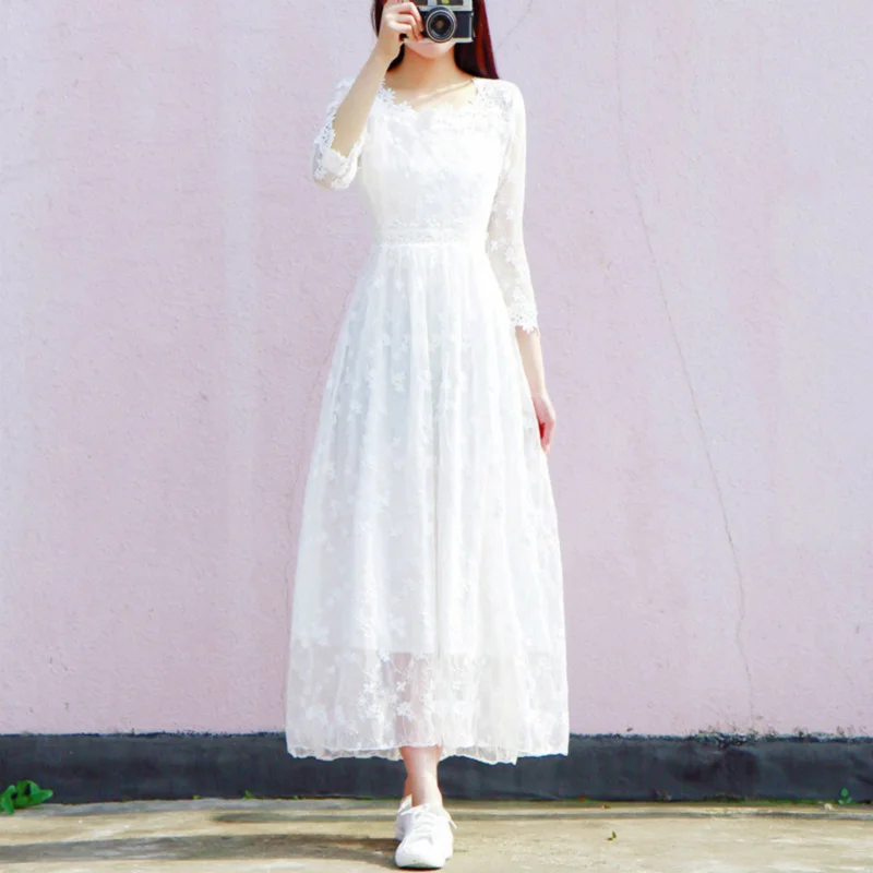 

2023 New Women Dress Vintage 3/4 Sleeve Square Collar Hollow Out Lace Dresses Casual Elegant White Party Vestido