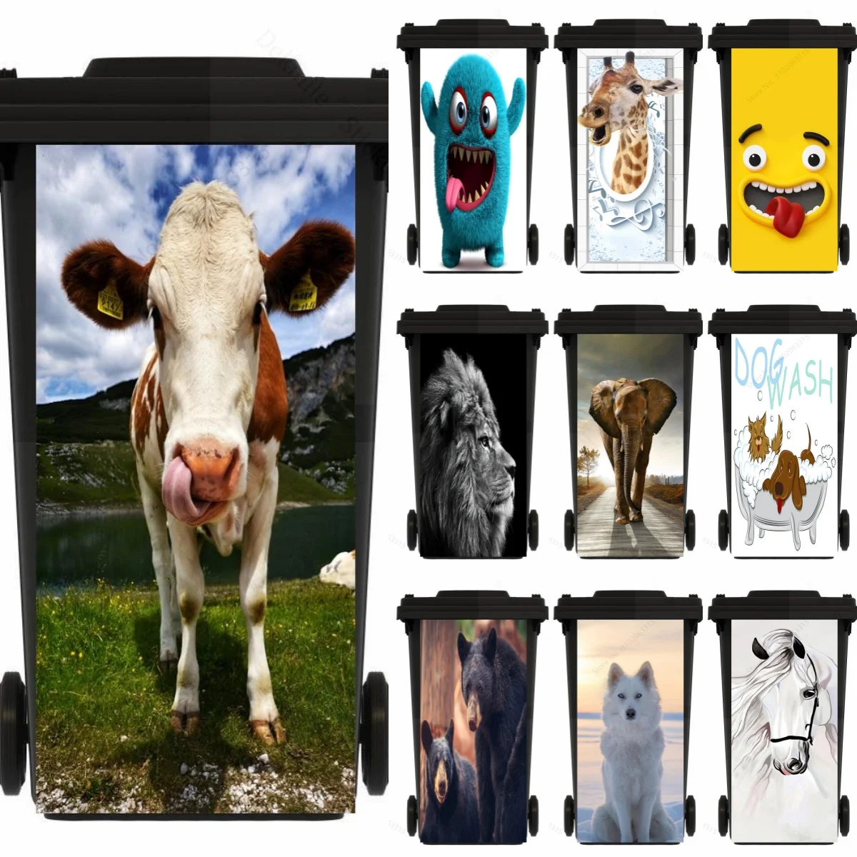 Trash Can Sticker Funny Cattle Animal Trash Can Sticker Outdoor PVC Waterproof Stickers Diy Garbage Bin Green Plant Leaves Peel and Stick Decals