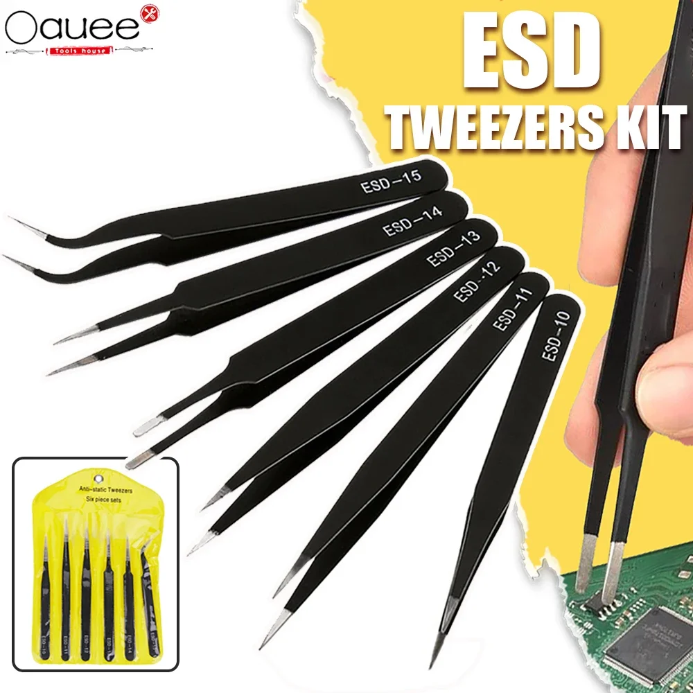 Precision Tweezers ESD Anti Static Tweezers Tweezer Tool ESD Anti-Static Precision Tweezers Kit Stainless Steel Maintenance Repair Tool Set Anti Static Model Making Tool Hand Set