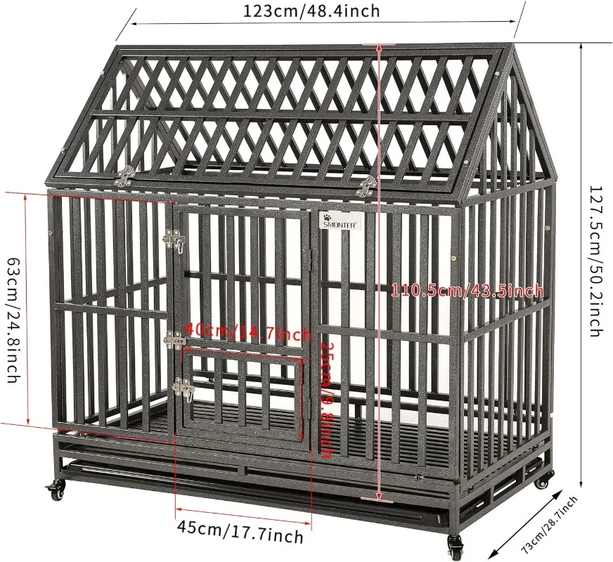 48" Heavy Duty Dog Crate Strong Metal Cage House Shape Pet Kennel Crate Playpen with 4 Locking Wheels three entrance design