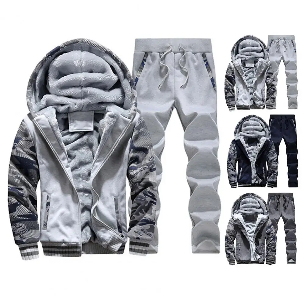 

Men Sports Suit Men's Winter Camouflage Print Hooded Coat Pants Set with Plush Lining Windproof Design for Warmth Comfort Winter