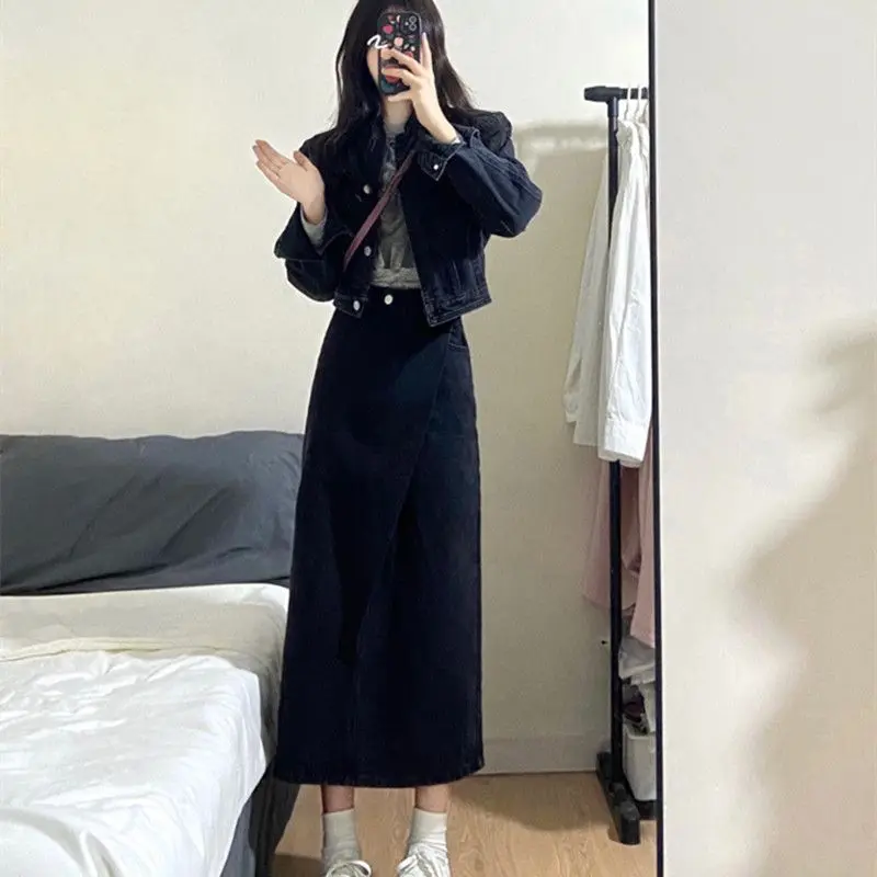 

French Retro Women's Suit Jacket Skirt Early Spring and Autumn High-grade Light Mature Denim Suit Coat Long Skirt Two-piece Set