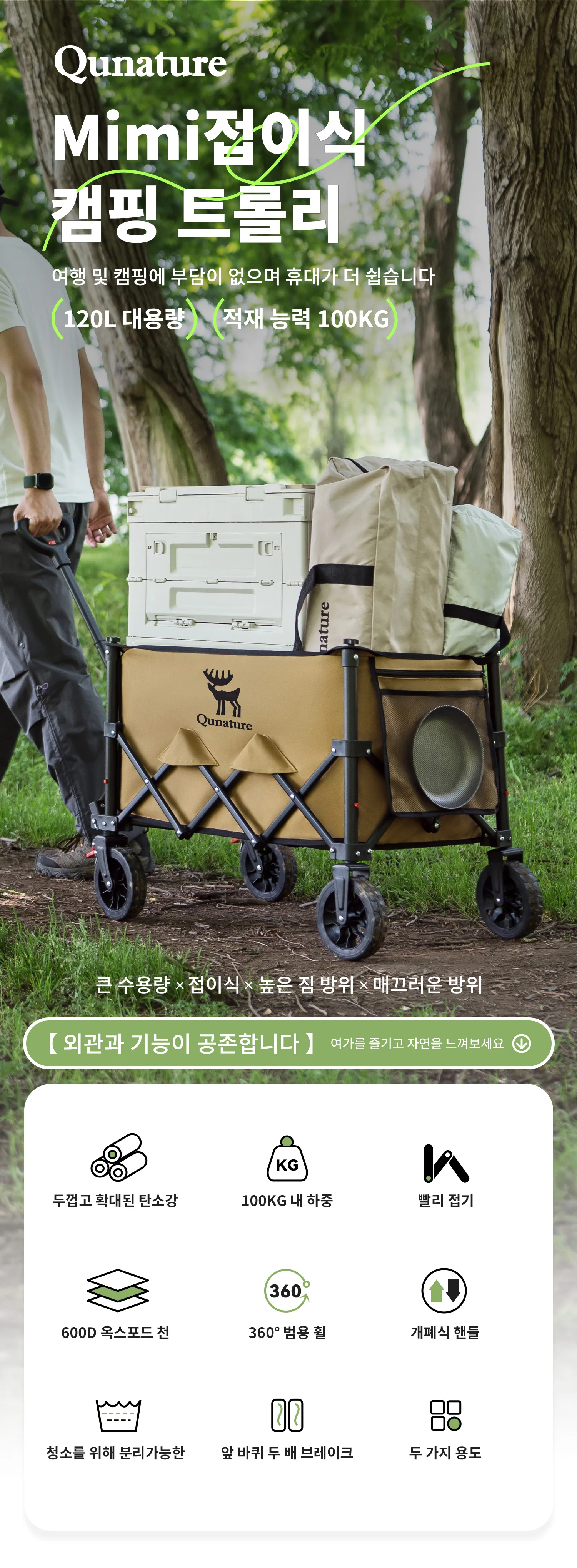 Qunature zusammenklappbarer Mehrzweck-Strandwagen, 120 l, großes Outdoor-Kampenwagen, abnehmbarer Reinigungs-Camping-Anhänger – Detail 1