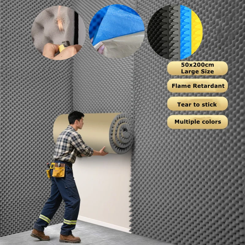 แผ่นโฟมซับเสียงแบบมีกาวในตัว ขนาด 50x200 ซม. 1 ชิ้น ความหนาแน่นสูง สำหรับห้องสตูดิโอ คาราโอเกะ สำนักงาน บ้าน ช่วยลดเสียงรบกวน 1