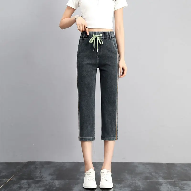 

Капри женские джинсовые, уличная одежда, тонкие эластичные свободные прямые штаны с высокой талией, повседневные брюки из денима, лето 2024