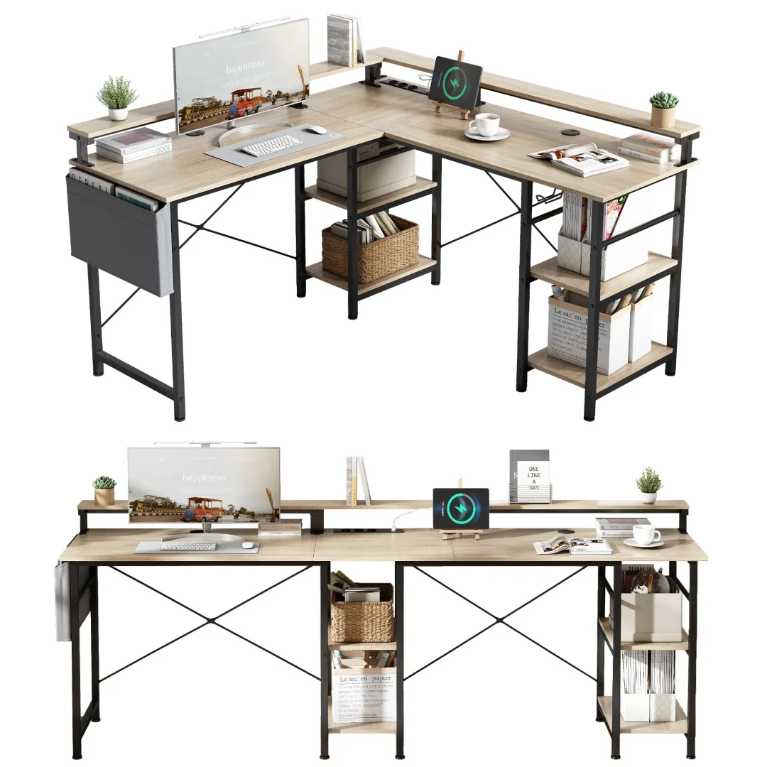 Eckschreibtisch mit Doppelablage L-förmig Computer Tisch mit Regal und Haken höhenverstellbar 140cm – Detail 3