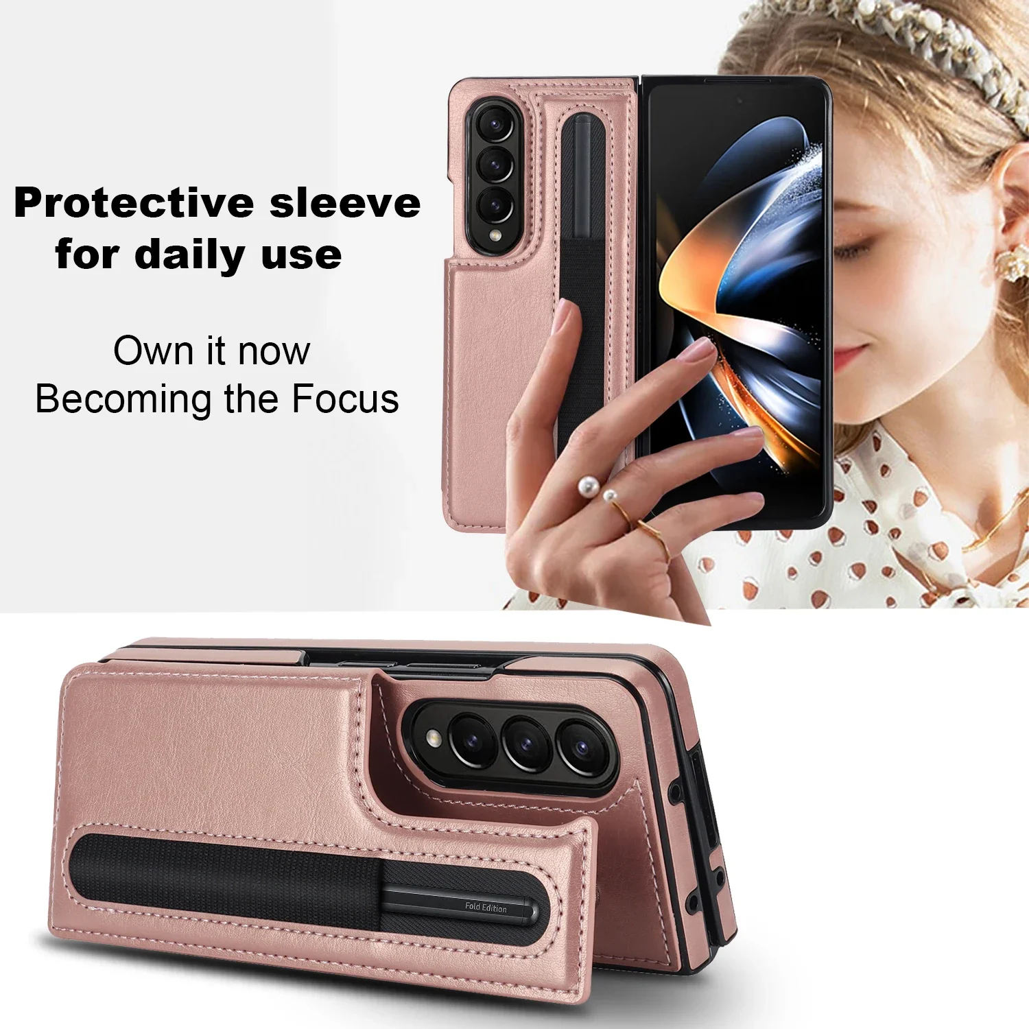 Elegant Leather Folding Card Bag Case with Pen Slot - Business Protection Stand Cover