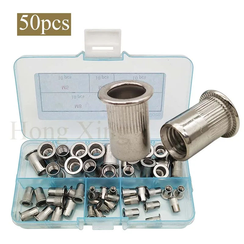 Uxcell 50 Pcs M6x15mm Flat Head Rivet Nut Nutserts – Ribbed Body For Grip, Metal Threaded Inserts For DIY & Repair