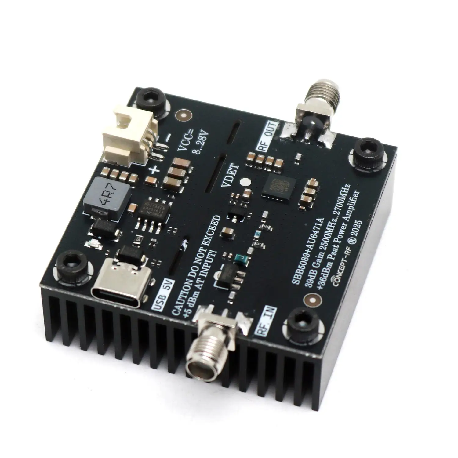 Amplificateur de puissance RF 4W 2.5-2.7GHz avec connecteurs d'entrée et sortie, adapté pour GPS, WiFi, Zigbee et Lora.