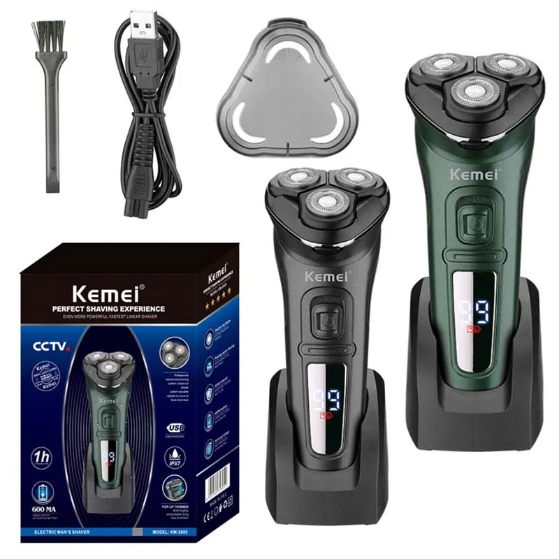 Kemei Washable 3D Electric Shaver for Men Wet Dry Beard Electric Razor Rechargeable Facial Shaving Machine LED Display