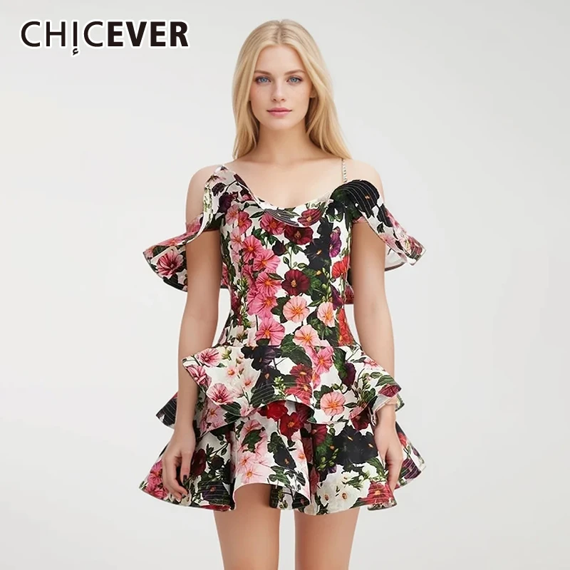 

CHICEVER Hit Color Summer Dresses For Women Square Collar Sleeveless Off Shoulder High Waist Print Slim Mini Dress Female New