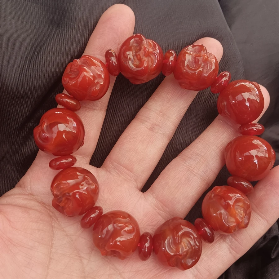 

Fine Red Jade Gemstone Bead Bangle Amulet Polishing Buddha Head Bracelets Lucky Rosary Talisman