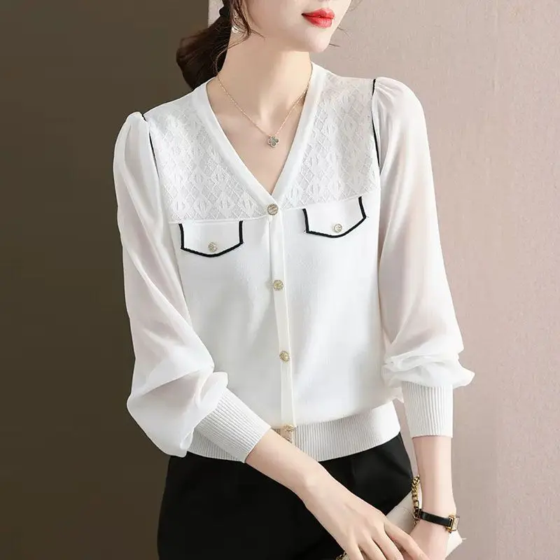 2023 New Oversize Temperament Women's Clothing Splice Button V-Neck Long Sleeve Solid Color Pullover Shirt
