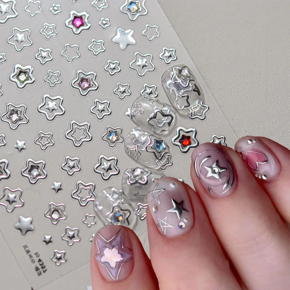 1pcs 액체 금속 오각형 펑크 네일 스티커 양각 실버 레이저 스타 버스트 네일..