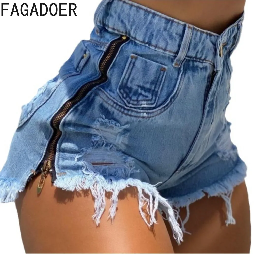 FAGADOER Summer New Streetwear Women Denim Side Zipper Design High Waist Slim Shorts Female Pocket Hole Matching Cowboy Bottoms