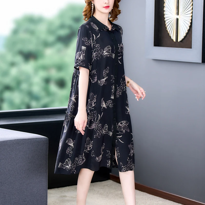 

2023 Summer New Silk Mulberry Silk Printed Dress Elegant And Stylish Versatile Short Sleeve Loose Relaxed Holiday Dress Vestidos