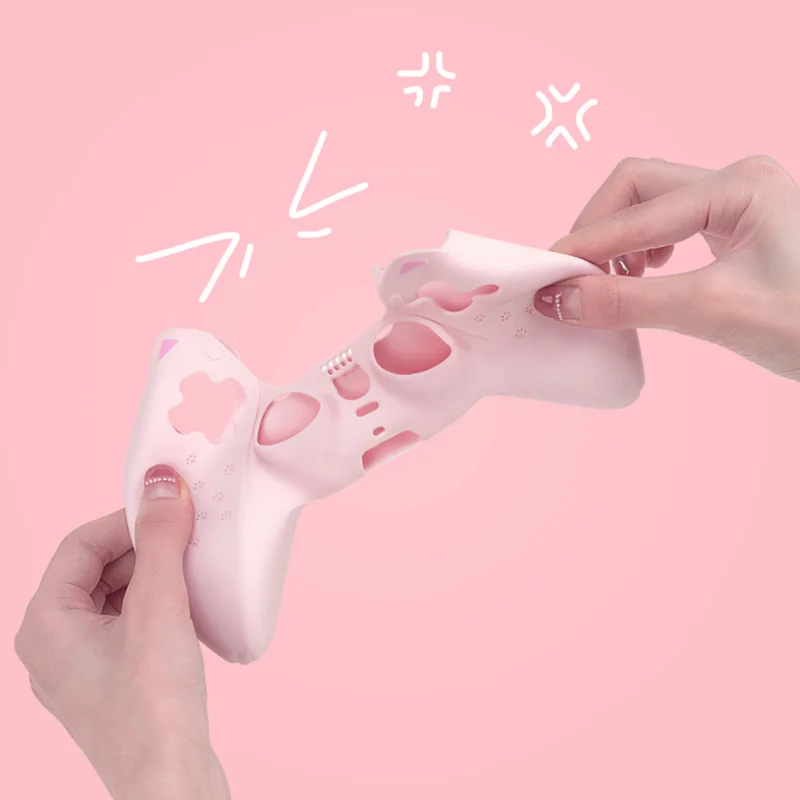 Pink Cat Paw Silicone Protective Case for PS5 Controller with Thumb Grip Cap