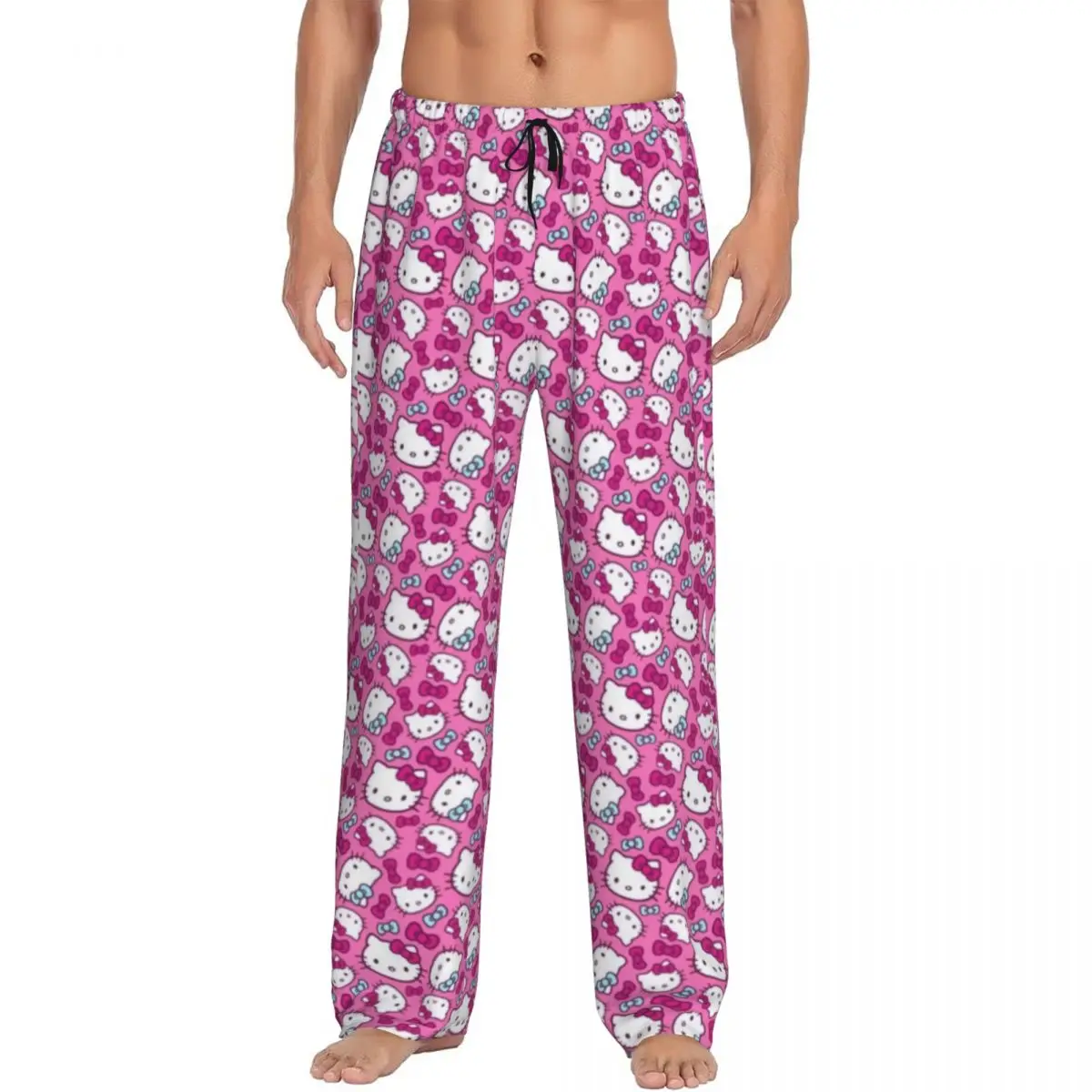 

Custom Pink Bow Animated Anime Hello Kitty Pajama Pants Sleepwear Men Elastic Waistband Sleep Lounge Bottoms with Pockets