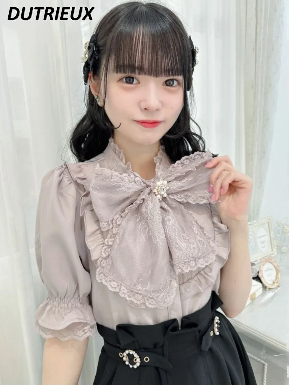 Japanese Mine Puff Short Sleeve Solid Color Women Tops Sweet Cute Girl Ribbon Bow Collar Blouse All-matching Base Shirt