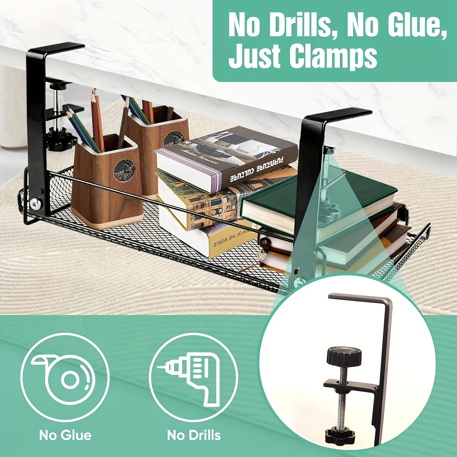 1 storage rack, 2-in-1 cable management bracket under the desk, no drilling, cable hanging organizer suitable for office desks