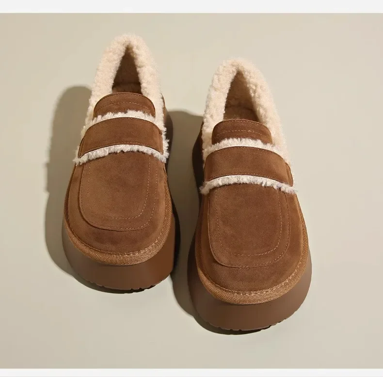 Women's Thick Soled Snow Boots Autumn Winter Plush Boken Shoes Retro Height Increasing Warm Anti Slip Cotton Shoes Loafers
