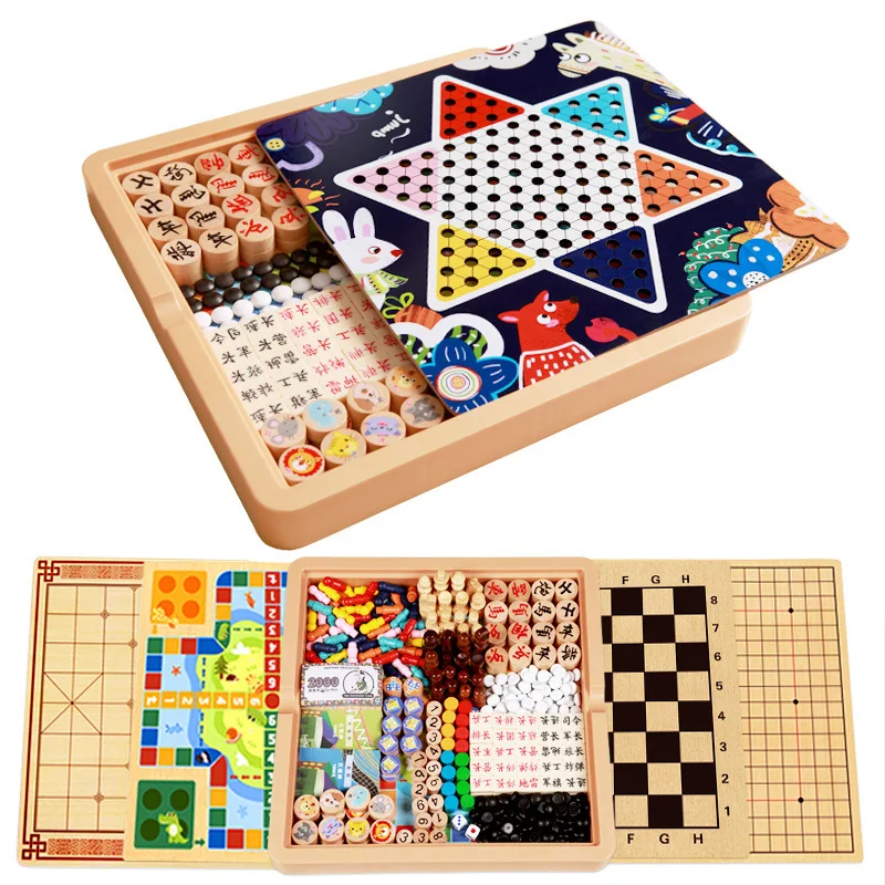 Multi in One Chess Flying Chess Checkers Gomoku Wooden Children's Toy