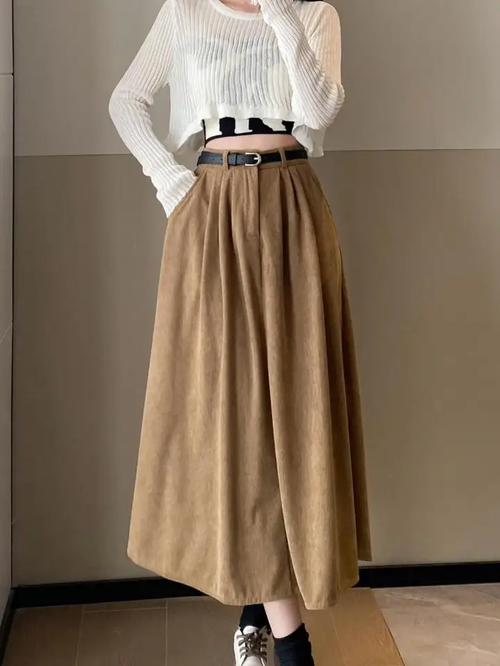 Flygo Women's Vintage Corduroy A-Line Midi Skirt - High Waisted, Pleated, With Pockets