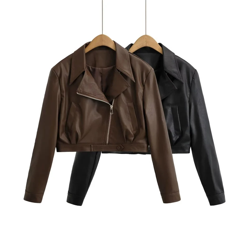 

Vintage Style Zipper Women PU Jacket 2023 Autumn Winter Windbreak Short Jackets Female Loose Motorcycle Coat For Women