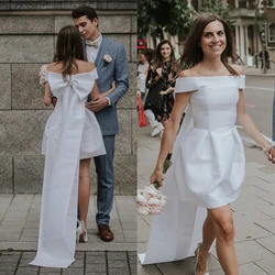 Short A-Line Wedding Dress With Bow Back Off the Shoulder Simple White Satin Bridal Gown Mini Garden Outdoor Robe De Mariee