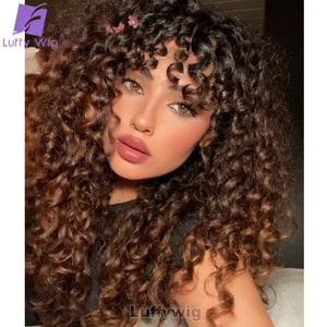 Ombre Colored Curly Human Hair Wigs with Bangs Glueless Full Machine Made Scalp Top Wig Brazilian Remy Hair Fringe Wig for Women