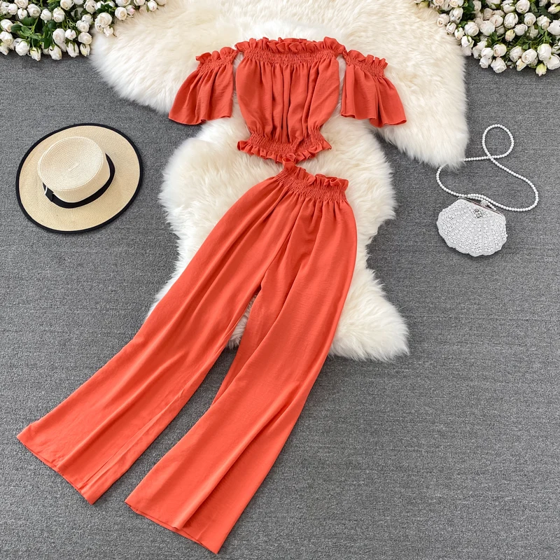 

Seaside Vacation Fashion Feminine Off-the-shoulder Tube Top Top with High Waist and Thin Sagging Wide-leg Trousers Two-piece Set