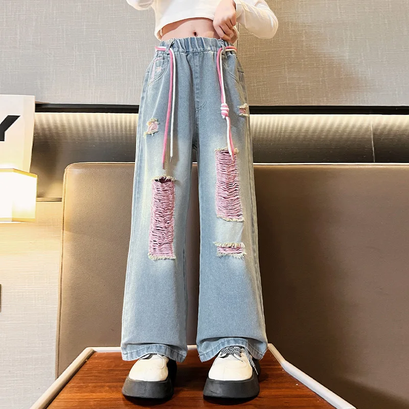 

Джинсы детские с широкими штанинами, хлопковые брюки из денима для девочек 8-14 лет, модная одежда со сломанными штанинами