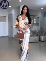 2 Pieces Set for Woman Summer New Elegant Casual  Printed Lantern Sleeves Shirt Tops Suits Fashionable Loose Wide Leg Pants Sets - Image 2